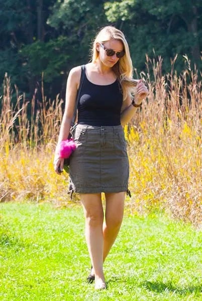 Black Scoop Neck Tank Top with Grey Mini Skirt & Slide Sandals