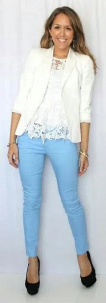 White Blazer with Lace Top & Light Blue Skinny Pants