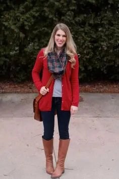 Long Red Cardigan with Grey and Navy Plaid Scarf & Knee High Brown Boots