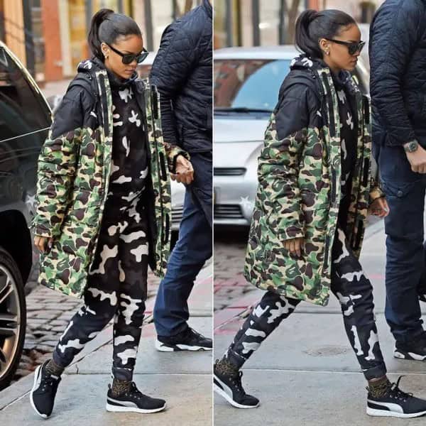 Midi Length Camo Jacket with Matching Pants & Sneakers