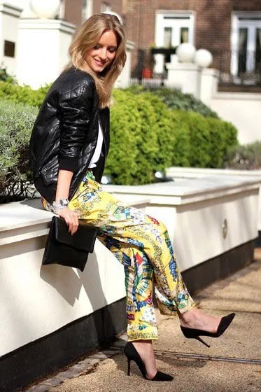 Black Leather Jacket with Yellow Printed Silk Pants