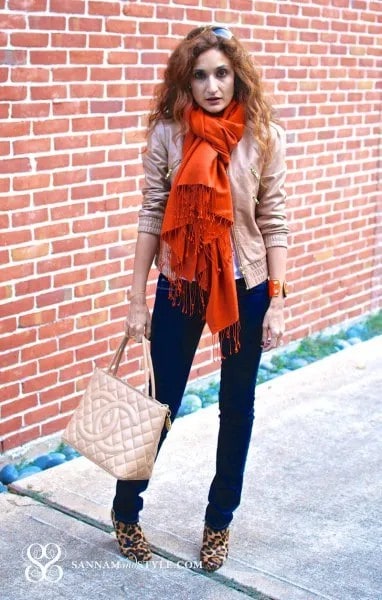 Orange Fringe Scarf & Pale Pink Bomber Jacket & Leopard Print Boots