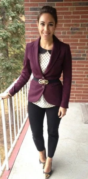 Purple Blazer with White and Black Polka Dot Blouse