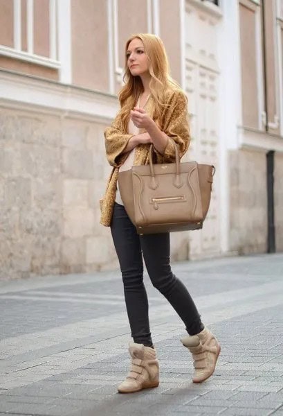 Lime Green Wide Sleeve Knit Cardigan with Skinny Jeans & Blush Wedge Sneakers