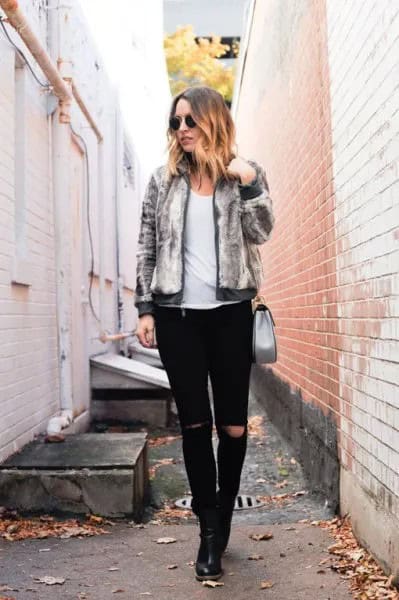 Heather Grey Fitted Fur Bomber Jacket with Black Ripped Slim Fit Jeans