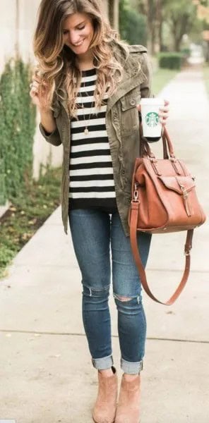 Black and White Striped T Shirt with Military Jacket & Jeans