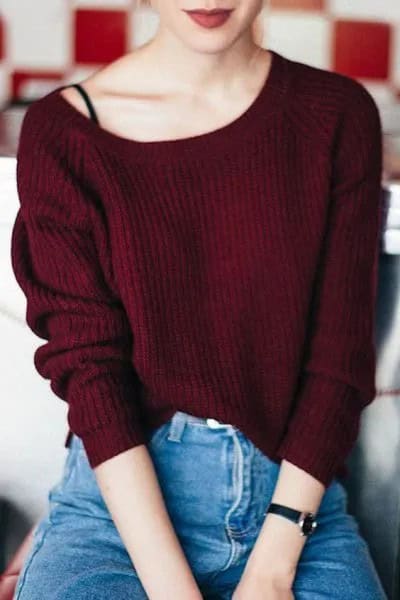 Maroon Boat Neck Ribbed Sweater with Black Spaghetti Strap Vest Top & Mom Jeans