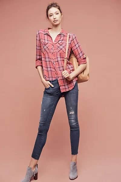 Navy and Pink Plaid Shirt with Cropped Skinny Jeans & Grey Boots