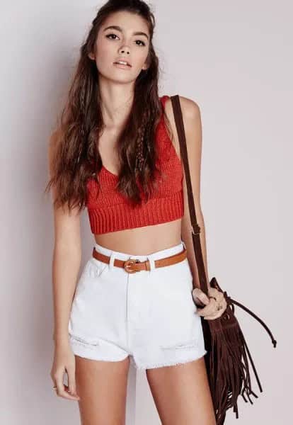 Red Sleeveless Cropped Sweater with White Shorts