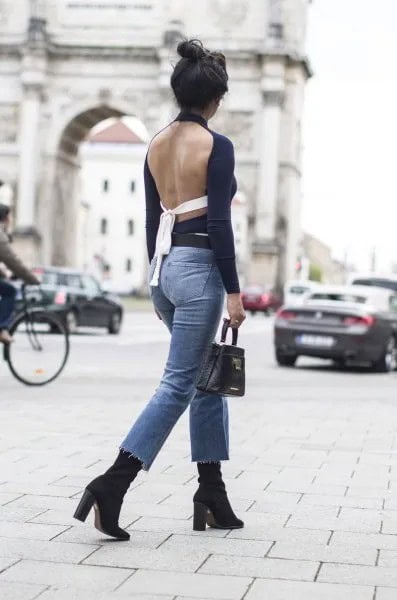 Black Long Sleeve Backless Top with Blue Slim Fit Ankle Jeans