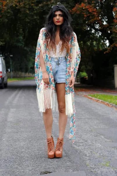 Wear with White Sweetheart Neckline Lace Top & Blue Denim Shorts