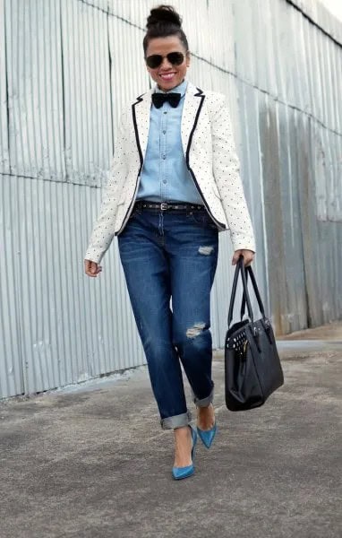 White and Black Polka Dot Blazer with Light Blue Shirt & Bow Tie