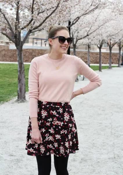 Blush Pink Sweater with Black and White Floral Printed Mini Skirt