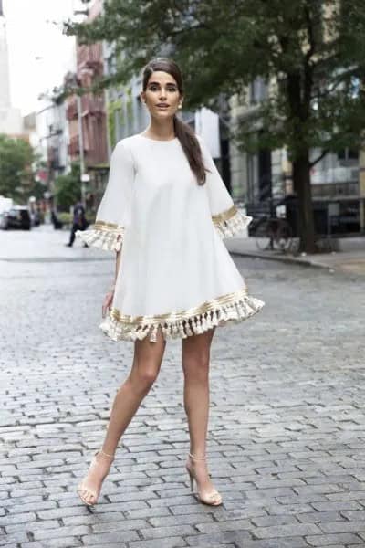 White Half Sleeve Tassel Swing Mini Dress