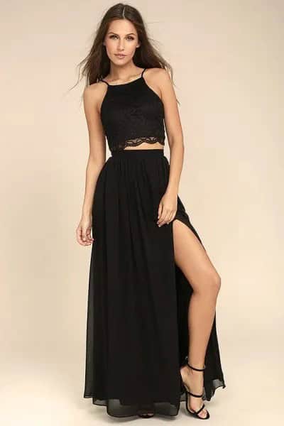 Halter Crop Top & Black High Split Maxi Skirt