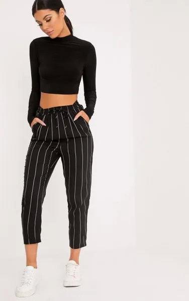 Black Mock Neck Cropped Sweater with Striped Cropped Wide Leg Trousers