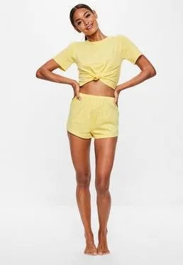 Yellow Knotted T Shirt with Mini Shorts