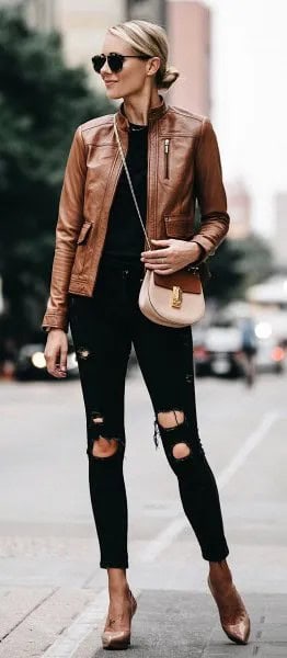 Brown Leather Motorcycle Jacket with Ripped Cuffed Black Skinny Jeans