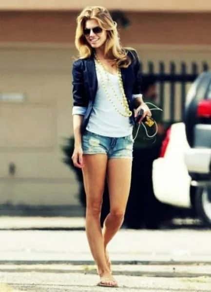 Black Blazer with White Scoop Neck Tank Top with Denim Mini Sumer Shorts