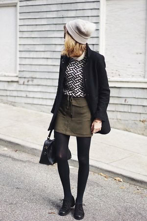 Black and White Patterned Sweater with Green Mini Tie Waist Skirt