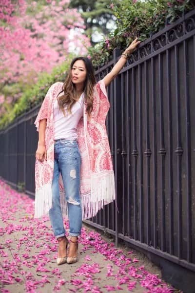 White Lace Fringe Kimono with White Tee & Boyfriend Jeans