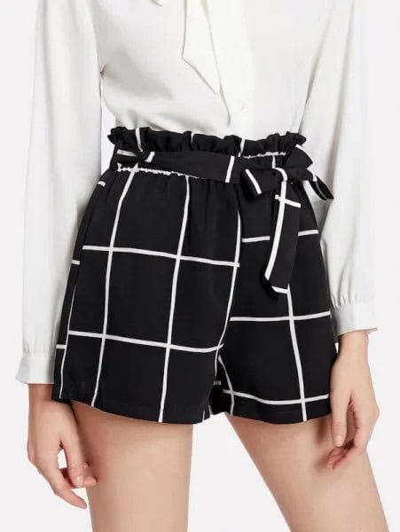 White Button Up Blouse with Black Tie Plaid Shorts