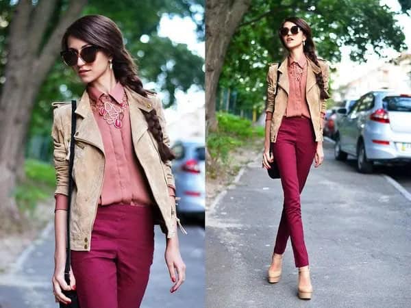 Camel Suede Blazer with Pink Shirt & High Rise Maroon Jeans