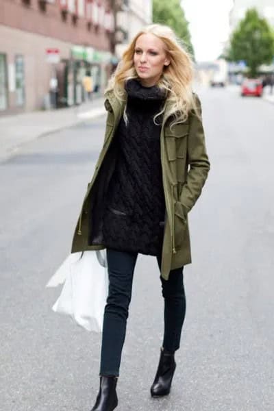 Green Parka Jacket with All-Black Outfit