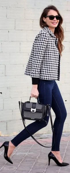 Black and White Checkered Blazer with Skinny Jeans & Heels