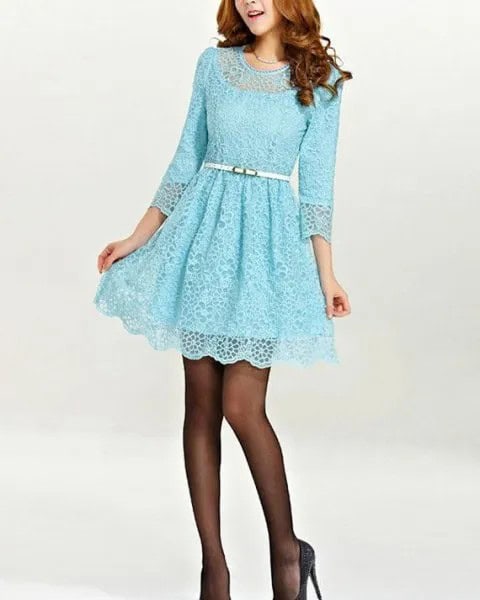 Belted Long Sleeve Fit and Flare Lace Mini Dress with Stockings