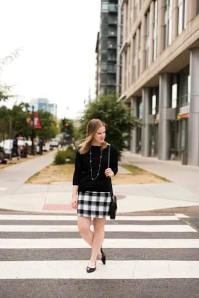 Three Quarter Sleeve Sweater with Black and White Plaid Mini Skirt