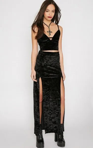 Black Camisole with Velvet Double Slit Maxi Skirt