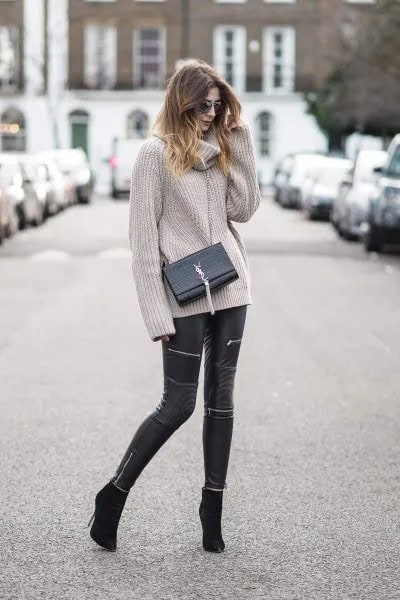 Grey Ribbed Cowl Neck Chunky Sweater with Black Leather Pants