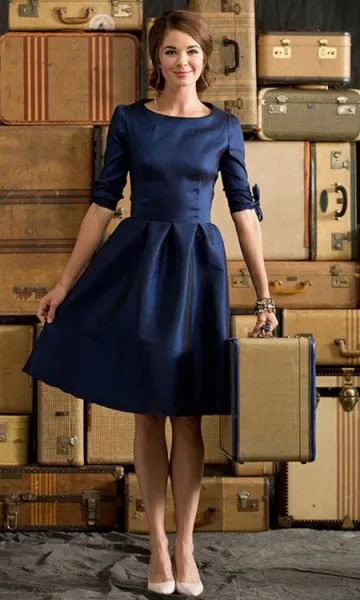 Deep Blue Half Sleeve Skater Knee Length Party Dress