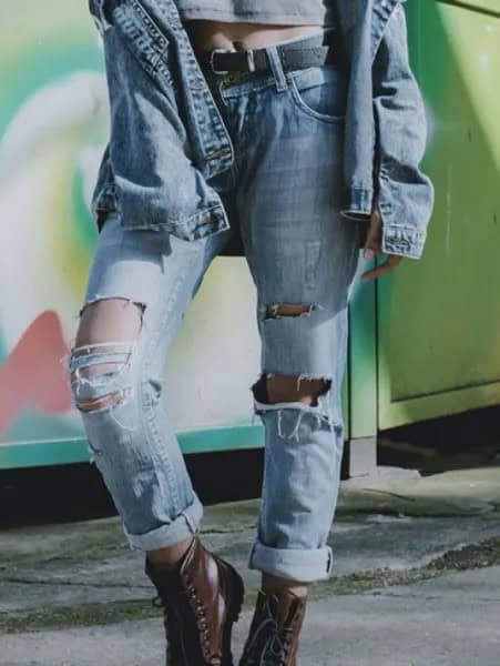 Blue Denim Boyfriend Jacket with Grey Cropped T Shirt