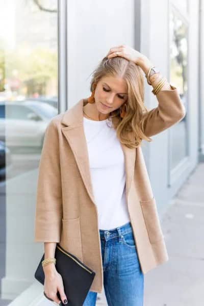 Blush Pink Wool Sweater Blazer with White T Shirt & Blue Slim Cut Jeans