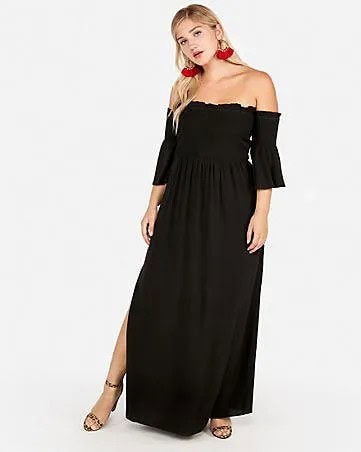 Black Ruffle Sleeve Off The Shoulder Maxi Side Slit Dress