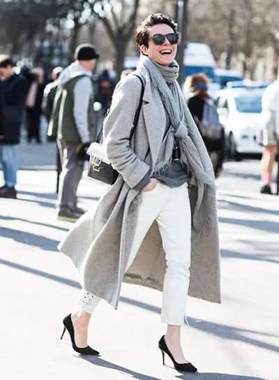 Grey Longline Wool Coat with Pashmina Scarf & White Ankle Jeans