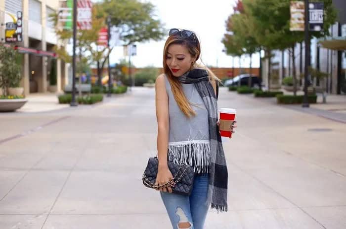 Grey Sleeveless Top with White Fringes