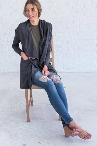 Grey Hooded Cardigan with Ripped Skinny Jeans