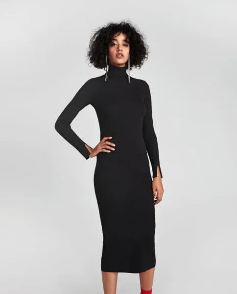 Black Turtleneck Midi Ribbed Dress