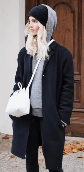 Grey Hoodie with Black Knit Hat & Longline Wool Coat