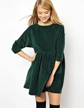 Green Three-Quarter Skater Dress with Thigh High Boots