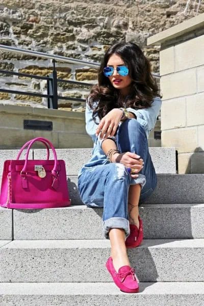 Denim Shirt & Light Blue Cuffed Jeans