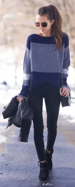 Navy and Light Blue Color Block Sweater with Black Jeans