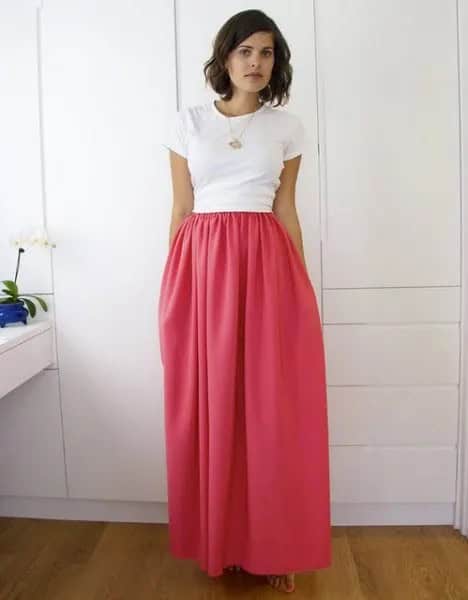 White T Shirt with High Waisted Elastic Waist Maxi Hot Pink Skirt