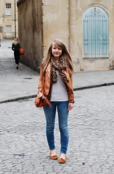 Leather Jacket with White Sweater & Leopard Print Silk Scarf