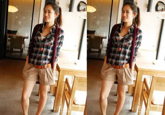 Grey and White Plaid Boyfriend Shirt with Khaki Shorts