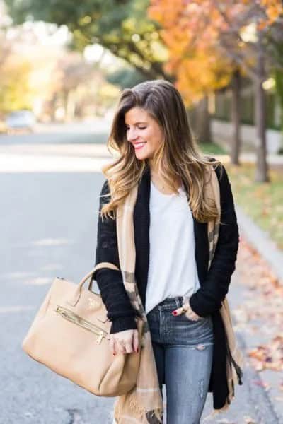 Black Cardigan Sweater with Blush Pink Long Scarf & Grey Jeans