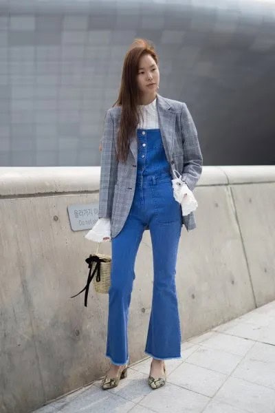 Grey Blazer with Denim Overall